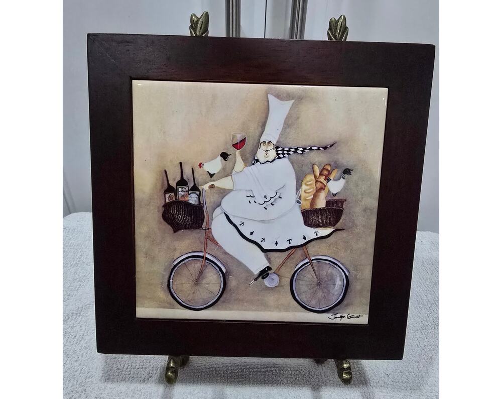 Jennifer Garant Fat Chef on Bicycle Framed Ceramic Tile Trivet Wall Hanging 8x8